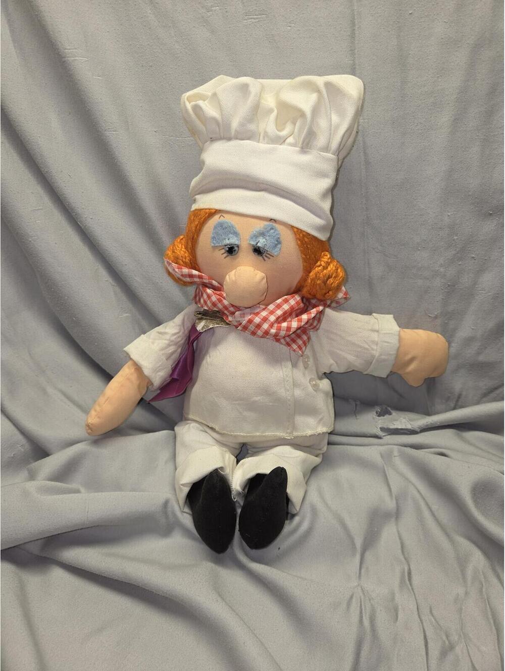 Vintage Plush Chef Doll with Orange Yarn Hair and Checkered Scarf